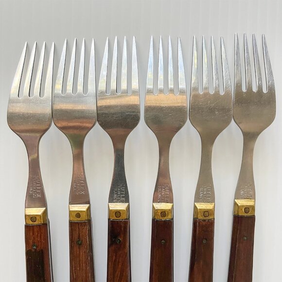 Vintage France Stainless Dinner Forks with Wood Brass Handle Set of 6 MCM - Picture 4 of 6